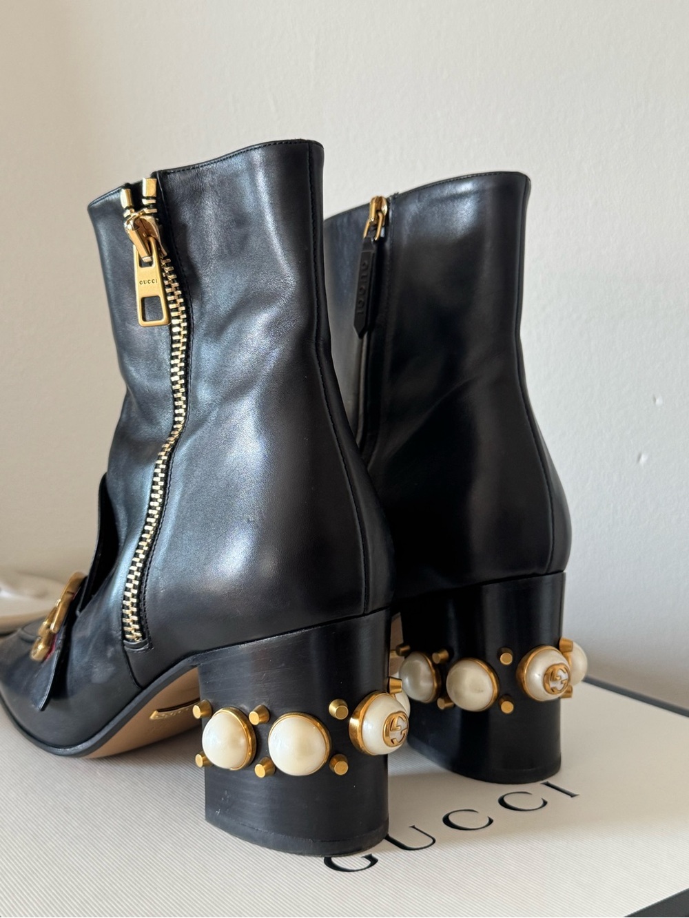 Gucci Black Leather Ankle Boots with Gold GG and Pearl Heel Accents - Picture 7 of 14